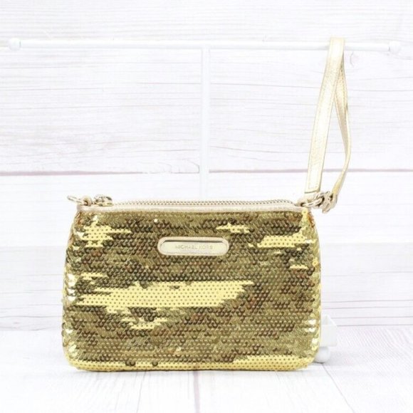 Michael Kors Handbags - Michael Kors Gold Leather Sequins Purse Clutch Wristlet Wallet